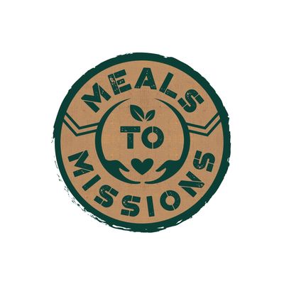 Logo with hands, heart, and leaf, reading 'Meals to Missions'.
