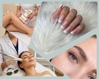 Collage of beauty treatments: laser hair removal, manicured nails, facial treatment, and eyebrow grooming.