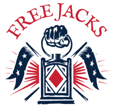 Logo of a raised fist with flags and 'Free Jacks' text.