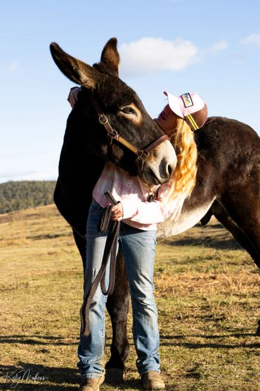 A woman affectionately hugging a donkey in a sunny open field.