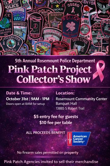 Flyer for the 5th Annual Rosemount Police Pink Patch Project Collector's Show.