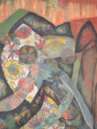 Abstract painting with floral patterns and earthy tones.