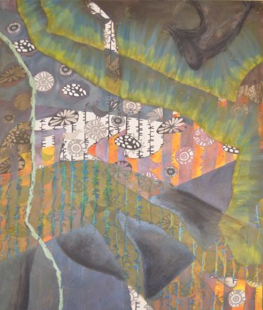 Abstract painting with geometric and organic shapes in earthy tones.