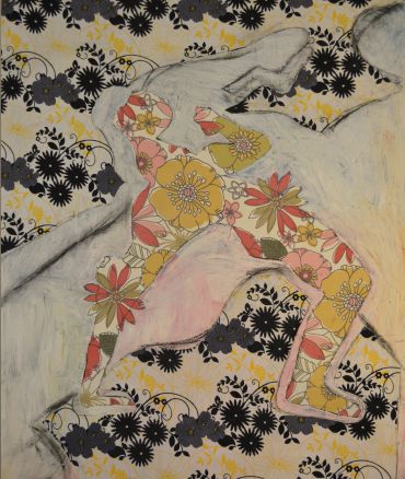 Floral silhouette of a person on a patterned background.