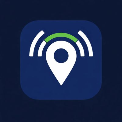 Location pin with signal waves icon on blue background.