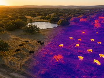 Thermal image of cows split between warm and cool areas in a field at sunset.