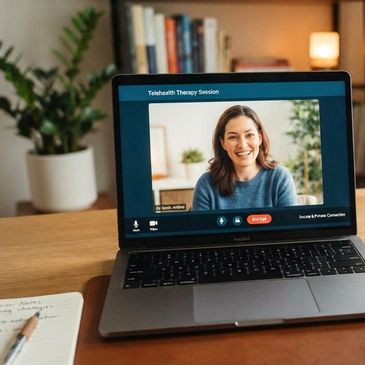 Person in a telehealth therapy session on laptop.