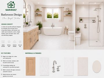 Modern bathroom design with natural elements and clean aesthetics.