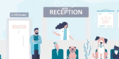 Reception area of a veterinary clinic with staff and animals waiting.