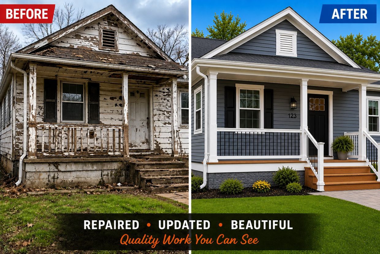 Before and after home renovation showing major repair and beautification.
