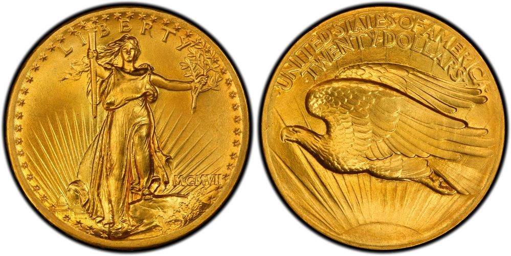 1907 $20 gold coin obverse and reverse