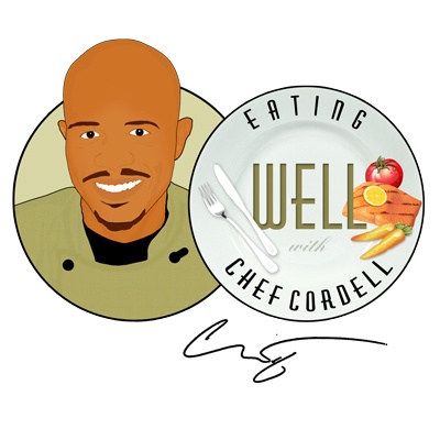 Cartoon image of Chef Cordell with plater reading "eating well with chef cordell"