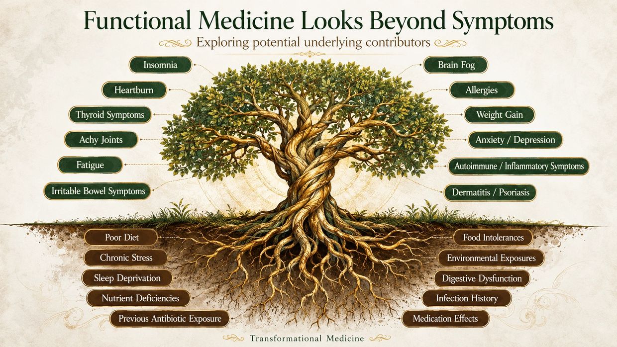 Tree infographic showing symptoms and underlying causes in functional medicine.