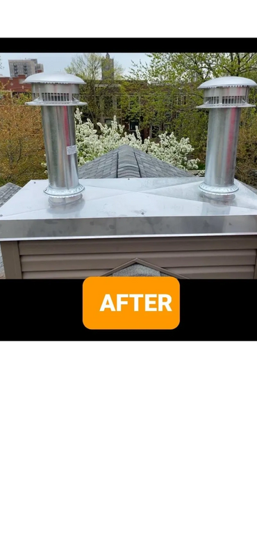 New stainless steel chase top with B-vent installed on chimney, chimney caps