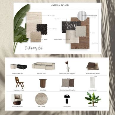 Material board showcasing contemporary café design elements and furniture.