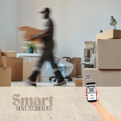 Person moving boxes with smart move technology and QR code scanning.