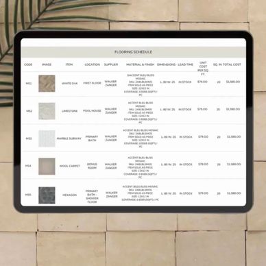 Tablet displaying a detailed flooring schedule with codes, images, locations, and costs.