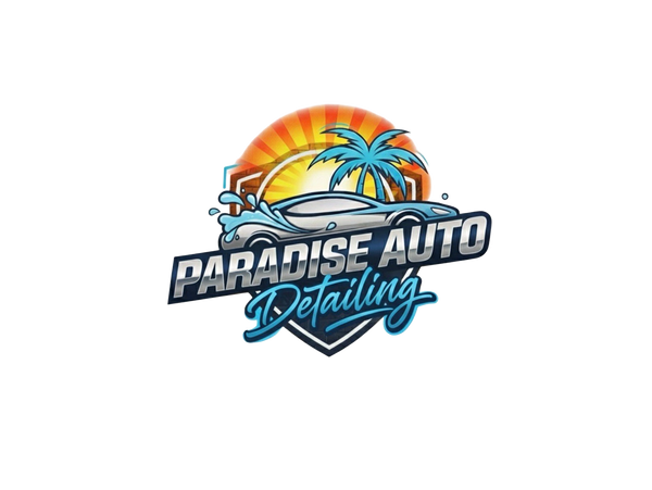 Logo of Paradise Auto Detailing with car, palm tree, and sunset.