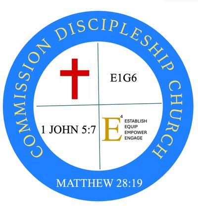 Logo of Commission Discipleship Church with biblical references and mission focus.