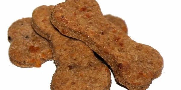 Three bone-shaped dog biscuits stacked on a white background.