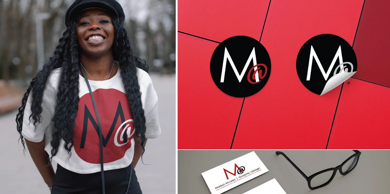 Branded shirt, logo stickers, and business card for Marisol Alvarez Graphic Design.