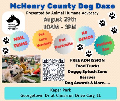 Flyer for McHenry County Dog Daze event with activities, food trucks, and dog demos on August 29th.