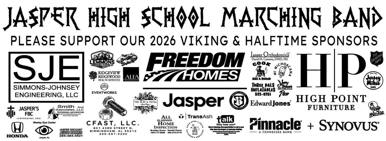 Sponsor poster for Jasper High School Marching Band 2026 season.
