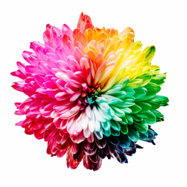 A vibrant chrysanthemum flower with petals in a rainbow gradient.