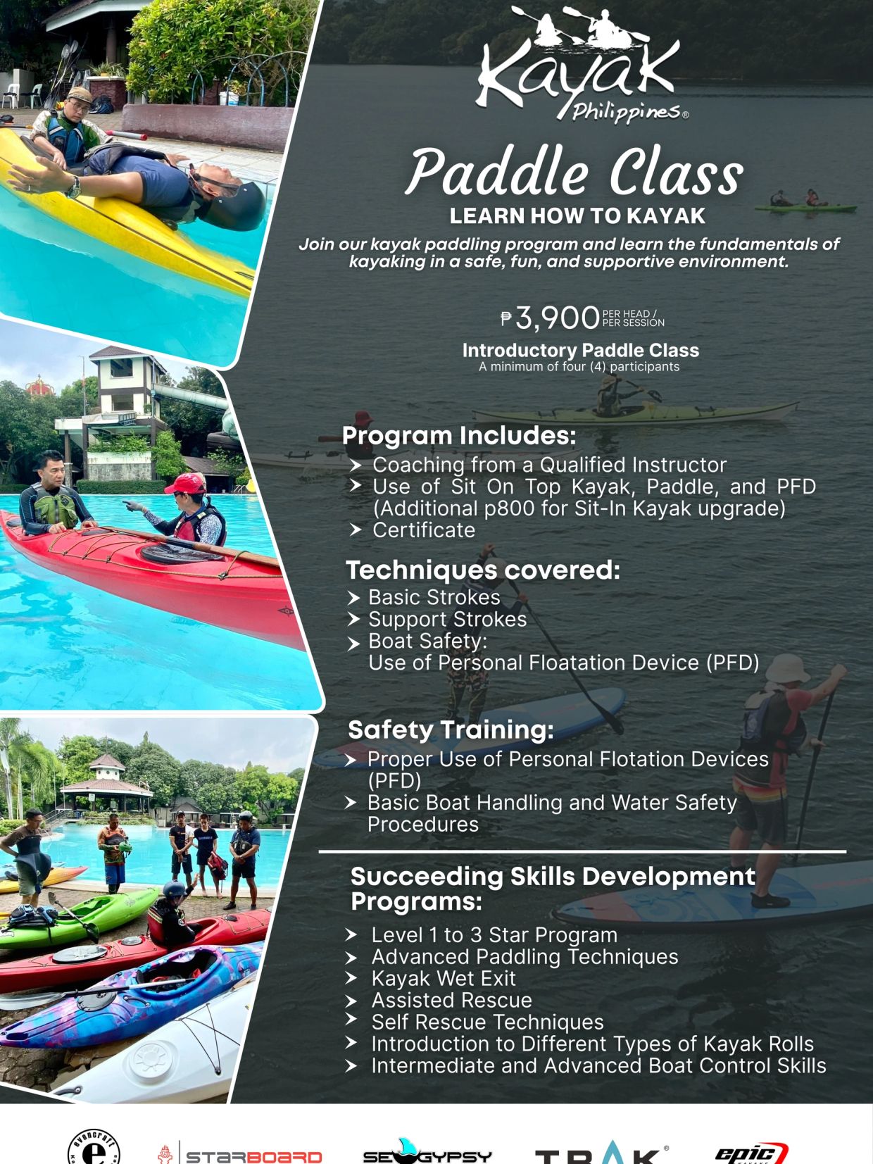 Kayak Philippines paddle class advertisement with photos of lessons and safety training.