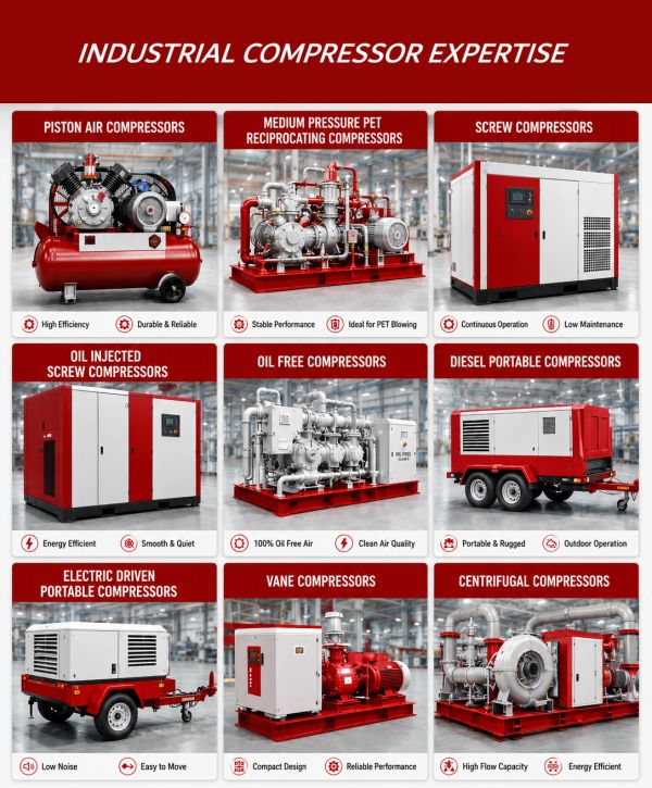 Industrial air compressors categorized by type and features.