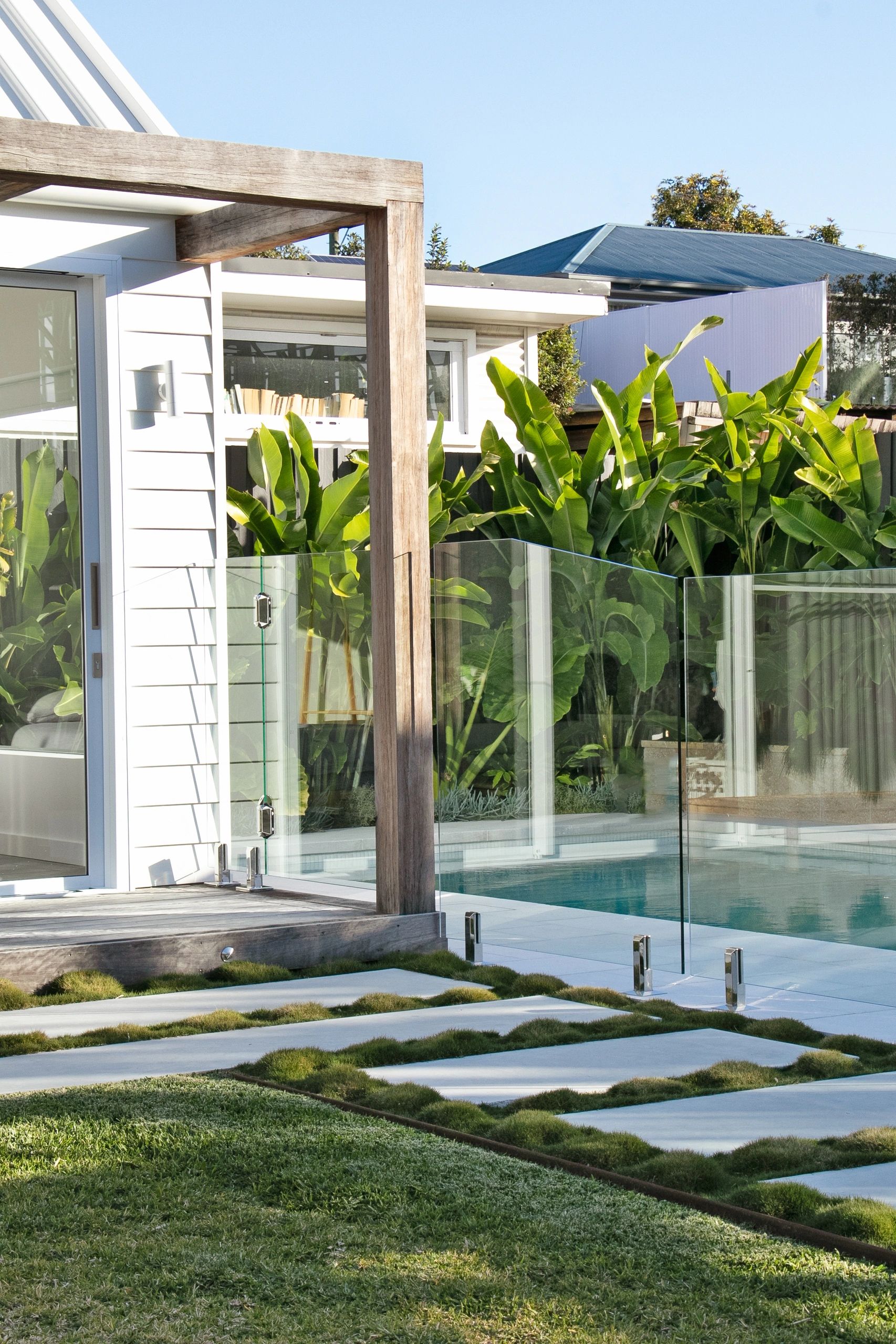 Modern backyard with glass pool fence and tropical plants.