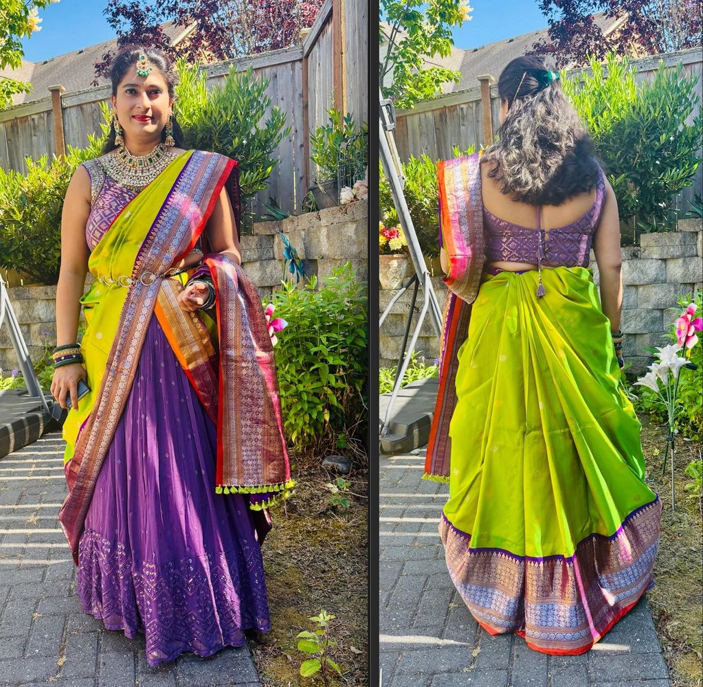 Woman in vibrant traditional saree posing outdoors, front and back views.
