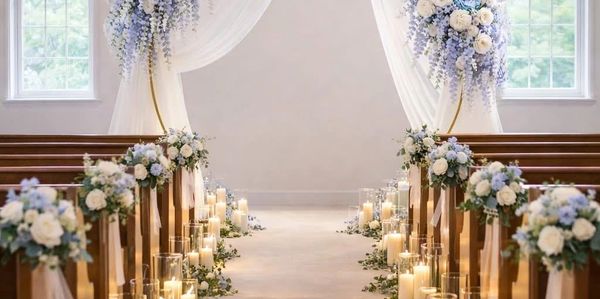 Elegant wedding aisle decorated with candles and blue and white flowers.