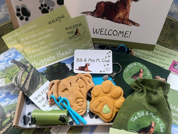 Dog-themed welcome kit with treats, keychain, stickers, and walking maps.