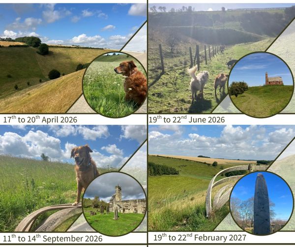 Scenic countryside with dogs and landmarks, different seasons shown.