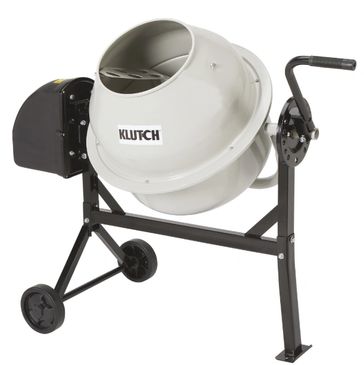 Electric cement mixer with wheels and handle.