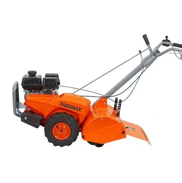 Orange Yardmax tiller with black engine and wheels.