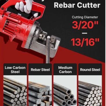 Electric rebar cutter for various steel types and diameters.