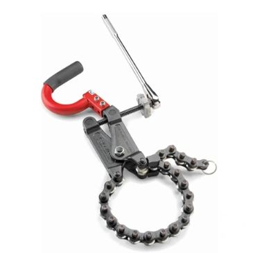 Manual chain pipe wrench with a red handle.
