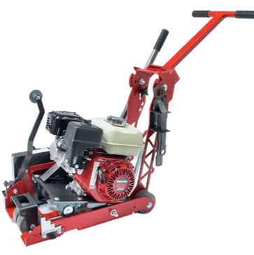 Red and black gasoline-powered plate compactor.