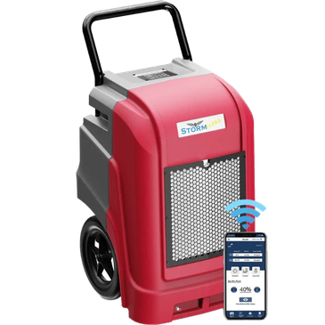 Red dehumidifier with smartphone control.