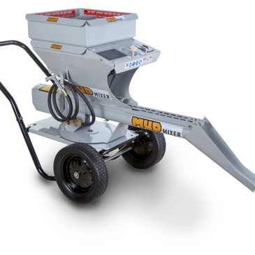 A gray portable mud mixer machine with wheels and handles.