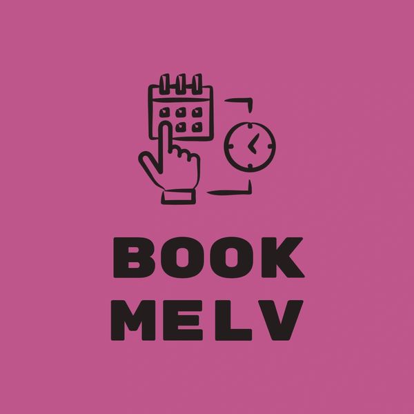 Icon of calendar and clock with text 'BOOK MELV' on pink background.