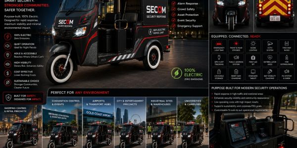 Electric security vehicle for rapid response and safe operations.