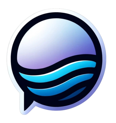 Stylized blue and purple speech bubble with wave patterns inside.