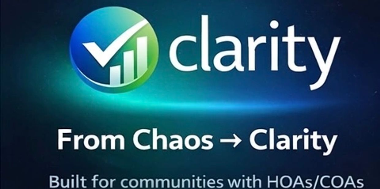 Clarity app logo with tagline 'From Chaos to Clarity' for community management.