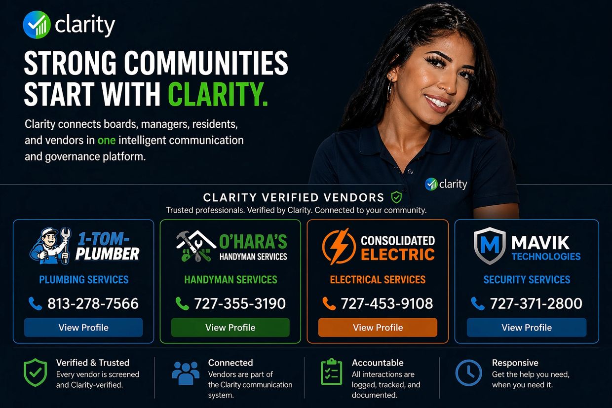 Clarity connects communities with verified vendors for plumbing, handyman, electrical, and security services.