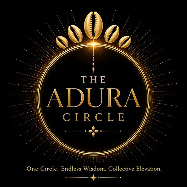 Elegant golden logo for The Adura Circle with a radiant design and cowrie shells.