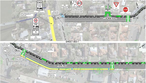 Detailed street plan showing Maclaurin Ave and Park Rd with signage and traffic markings.