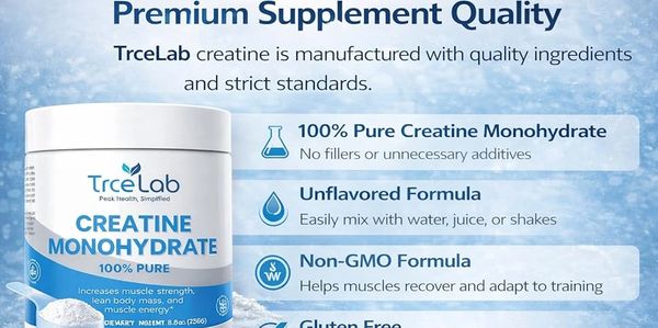 TrceLab Creatine Monohydrate supplement promotes muscle strength and energy with pure, gluten-free, non-GMO ingredients.